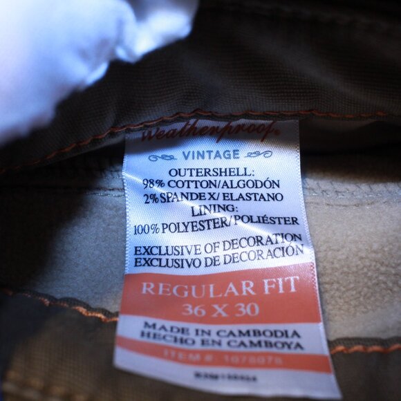 Weatherproof Vintage Reg Fit 36 x 30 Wheat Fleece Lined Stretch Canvas Pants - Picture 11 of 13